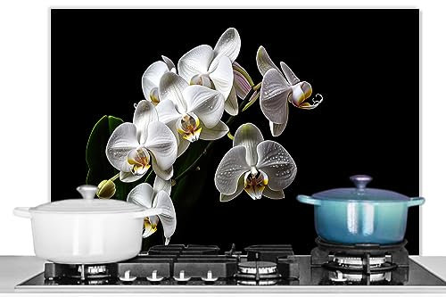 KitchenYeah© Fond de Hotte 90x60 cm Aluminium Crédence Cuisine Décoration Murale Crédence Plaque de Cuisson Anti Projection Orchidée - Fleurs - Blanc - Nature - Noir