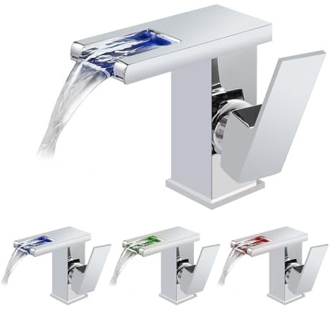 Pas de batterie 3 couleurs changeantes lumières LED mitigeur KEOKBON mitigeur monocommande robinet de salle de bain robinet de lavabo cascade robinet de lavabo pour salle de bain, eau froide et chaude