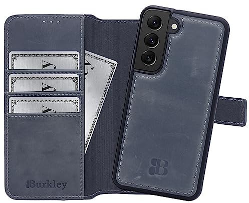 Burkley Leder Handyhülle für Samsung Galaxy S22 Leder Book Case Handytasche mit Magnetverschluss, 360° Schutz, Kick-Stand und Kartenfach (Stone Grey)