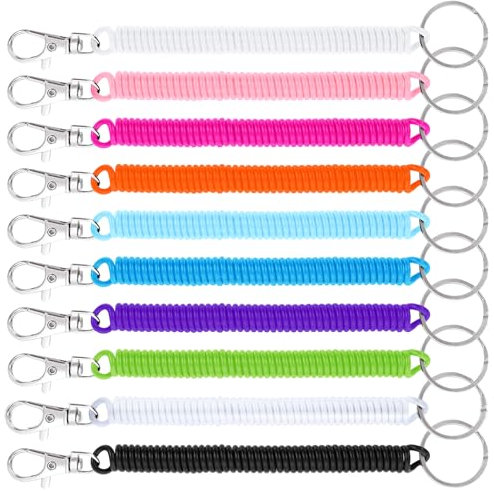 Amaxiu Einziehbare Spiralfeder-Schlüsselanhänger, 10 Stück spiralförmige elastische Schnur, Schlüsselband, diebstahlsicher, Anti-Verlust, Stretchschnur, Sicherheitsschlüsselring mit