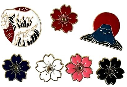 Lot de 7 broches japonaises en fleurs de cerisier - Mont Fuji - Broche vague - Fleurs de cerisier, Alliage