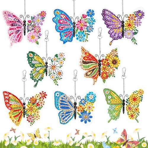 HONMOK 8pcs 5D Diamant Painting Bastelset, DIY Schmetterling Diamond Malerei-Schlüsselanhänger, Schmetterling Handwerk Frühling, Rhinestone Malerei für Mädchen Bastelkurs Handtasche Deko