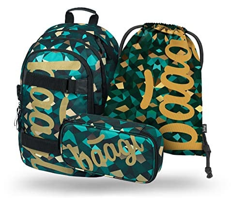 Baagl Schulrucksack Set Jungen Mädchen 3 Teilig, Schultasche ab 3. Klasse, Grundschule Ranzen mit Brustgurt, Ergonomischer Schulranzen (Skate Polygon)