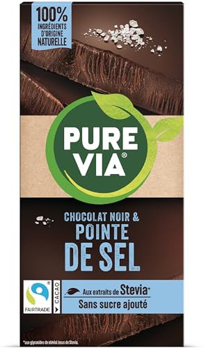 Pure Via Tablette Chocolat Noir & Pointe de Sel à la stevia, sans sucre ajouté, Équitable 100g
