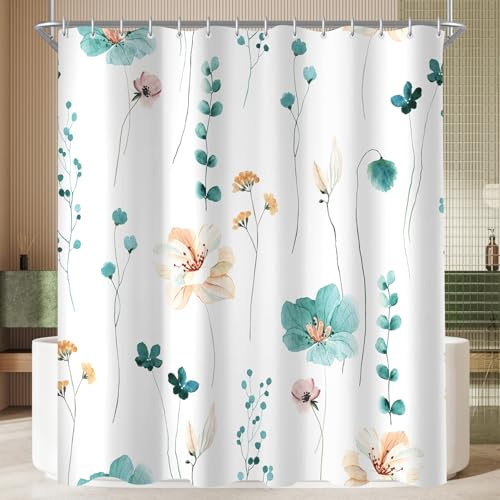Lerores Duschvorhang 240x200 cm Teal Blume,Beschwerter Saum Antischimmel,Wasserabweisend, Waschbar Polyester Badevorhänge mit 16 Ösen und Duschvorhangringe für Badezimmer,Badewanne