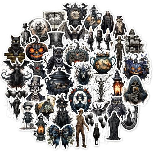 Bomichi 100 Pcs Goth Stickers for Kids, Retro Horriblr Skull Pumpkin Stickers for Scrapbook, Junk Journal, Collages, Halloween Party Favors, Waterproof Vinyl Stickers for Laptop, Window, Water Bottles