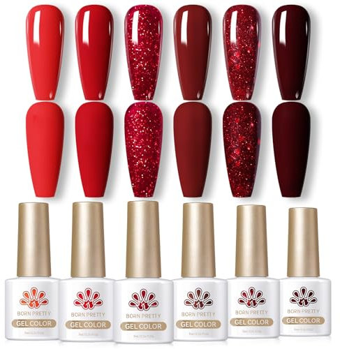 BORN PRETTY Gel Nail Polish Set 6 Colors Red Glitter Gel Polish Dark Red Nail Gel Polish Set Soak Off U V Nail Gel DIY Manicure Salon and Home for Women
