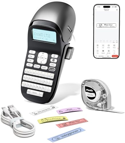 LT12 Rechargeable Label Maker Handheld, Keyboard Labeler Machine with-Tape | Waterproof, Portable Labeler Machine, Backlit Screen, Built-in Memory for Home Office School Kid Teacher Gifts, EazeID