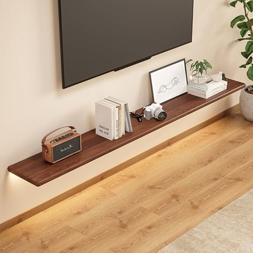 Meuble TV Suspendu avec Lumière LED - Meuble Tele Bois Massif Etagere Flottante Murale avec Passe-Câbles Etagere Murale TV pour la Maison et Le Bureau,Walnut,24×120cm(10×47in)