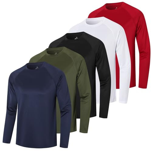 Mens Long Sleeve T-Shirts for Men 5 Pack Sports Gym T Shirts Breathable Quick Dry Athletic Running Performance Activewear Tops（T7510-BWGNR-L）