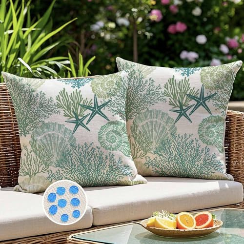 Kiatuniya Kissenbezug Outdoor Kissen Wetterfest Gartenkissen Wasserfest Seestern Algen Sofakissen 45x45 cm Salbeigrün Kissenhülle Dekorative für Gartenbett Couch Terrasse Stuhlkissen Balkon 2er Set