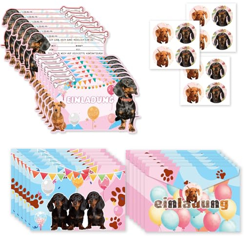 POMNUG 12x Dachshund Einladungskarten Kindergeburtstag Dachshund Hund Einladungskarten 12-pcs Umschlag und 12-Aufkleber für Jungen Mädchen Geburtstagseinladungen Party Einladungen