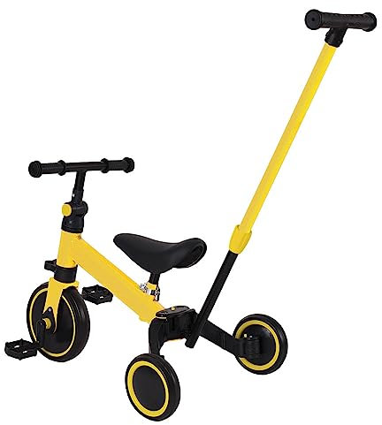 Kinder Laufrad, Kleinkind-Dreirad ab 1 Jahr, Balance Bike mit Pedal+Verstellbare Sitze, Lauflernrad Spielzeug für 10-24 Monate Baby (Gelb-Mit Schubstange)