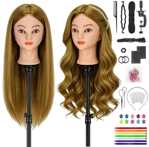 TwoWin 66cm Tête à Coiffer 80% Cheveux Naturels, 26 pouces Tête de Coiffure | Tête Mannequin Coiffure avec Support de Pince de Table + Kit Tressage (Marron Clair)