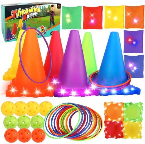 46Pcs Light Up Wurfspiele Outdoor Spiele, 3-in-1 Wurfspiel Kinder Outdoor für Kinder 3+ Jahre, Karnevals-Spiele-Set, Ringwurfspiel, Ring, Ball, Bean Bag Toss Spiel Set für Kinder Outdoor Gartenspiele