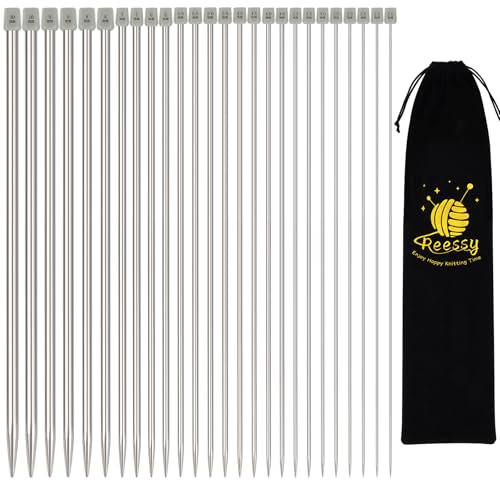 Reessy 26PCS/13Pairs Knitting Needles Set, 2 mm-10 mm Metal Single Pointed Needle, 35cm Long Knitting Needles, Straight Knitting Needle with Soft Storage Case for Beginners Professional Handmade DIY