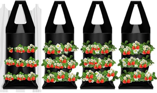 KPSRFG 4 Strawberry Grow Bags for Vertical Gardening, Hanging Bags for Plants, Flower Pouches Hanging Bag With 9 Holes For Strawberries Grow, Garden, Tomatoes, Flowers (22 * 54cm)