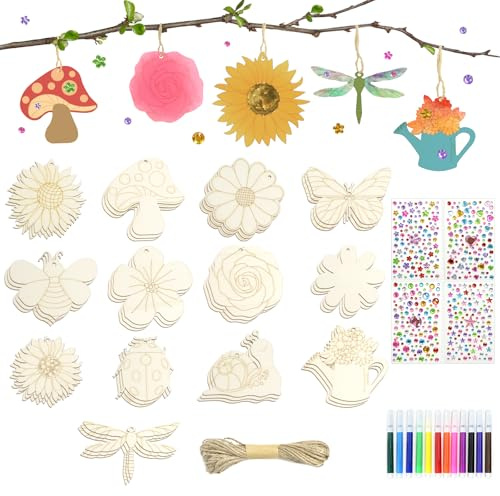 NIXRET Holzanhänger zum Bemalen,56 Stück Bastelsets für Kinder Schmetterling Florid Fauna Holz Bastelset mit Aquarellstift,Edelsteinaufkleber,Schnur für DIY Geburtstag Basteln Kinder