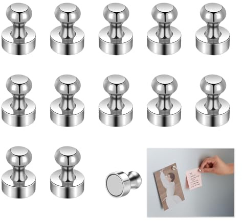 12 Pcs Fridge Magnets, Magnetic Push Pins, 12x16mm Whiteboard Small Magnets, Powerful Heavy-Duty Permanent Magnets for Fridge Whiteboard Office Crafts DIY Projects Kitchen Noticeboard (Silver)