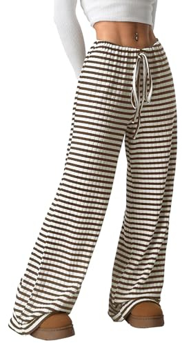 Akiooue Womens Brown Loose Flowy Wide Leg Striped Trousers Ladies Joggers