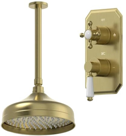 Baystone® Bathroom Thermostatic Mixer Shower with Round Rainfall Drencher Head & Concealed Valve Ceiling Mounted Traditional, Brushed Brass