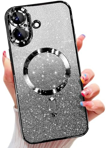 Misscase Magnetisch Hülle Kompatibel für iPhone 16, Glitzer Verlauf Handyhülle Kompatibel mit MagSafe, Stoßfest Anti-Kratzen mit Kamera Objektivschutz Niedliche TPU Schutzhülle-Schwarz