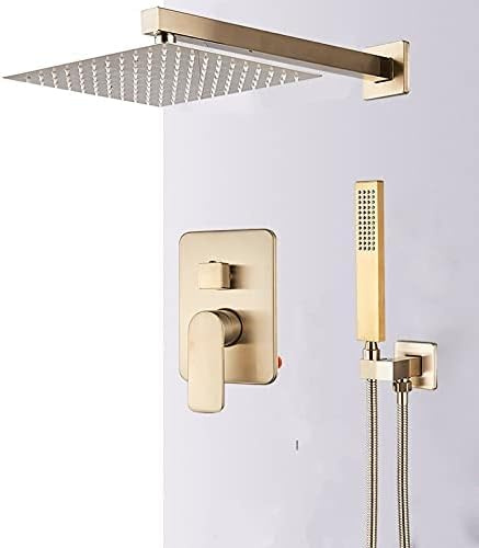 IUokLU Wandmontiertes Duscharmatur-Set Goldfarbenes gebürstetes Duscharmatur-Set mit wandmontiertem System Regenduschkopf eingebetteter Box Duschmischbatterie,2-Wege 16 Zoll