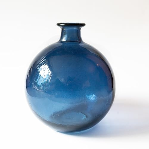 Jarrón Decorativo de Vidrio Redondo, Estilo Mediterraneo. Decoración para el hogar, Ideal como florero o vasija Decorativa. Vidrio Reciclado Fabricado en España, (Azul)