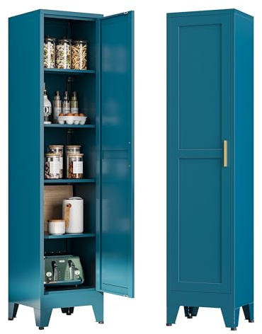 Tall Narrow Kitchen Pantry Cabinet for Small Space, 67 Metal Slim Pantry with Single Door and 4 Adjustable Shelves, Freestanding Skinny Storage Metal Broom Closet for Bathroom, Living Room, Laundry