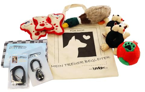 Bentatec 11-teiliges Hundespielzeug Geschenkset mit Tasche – Inklusive Quietschspielzeug, Clicker, Drybed Hundedecke, Anschnallgurt und Tragetasche Hunde und Halter