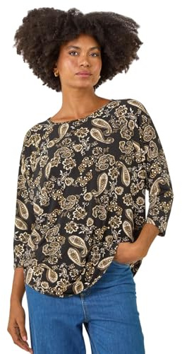 Roman Originals Stretchy Top for Women UK - Ladies Jersey Blouse Smart Casual Tunic Work 3/4 Length Sleeve Round Neck Boat Neckline Flattering Autumn Winter - Noir Paisley - Size 20