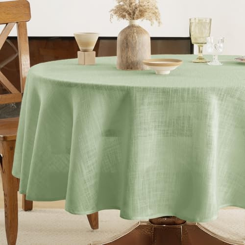 FIBORIA Tischdecke Outdoor Rund 140 cm Hellgrün Tischdecken Abwaschbar Aus 300 GSM Leinenoptik Tischtuch Wasserabweisende Tischwäsche Klein GartenTischdecke Table Cloth Für Camping,Hochzeiten,Party