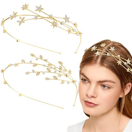 Dermalyx 2 Stück Gold Strass Legierung Fünfzackiger Stern Kopfband Kölsche Karneval, Braut Haarreif Dekoratives Kopfschmuck Hochzeit Haaraccessoires Schmuck