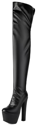 Generico Donna Pelle Verniciata Stivali sopra Il Ginocchio Tacco Alto A Blocco Stivali da Piattaforma Punta Rotonda Stival Alti alla Coscia con Cerniera,Black2,41.5 EU