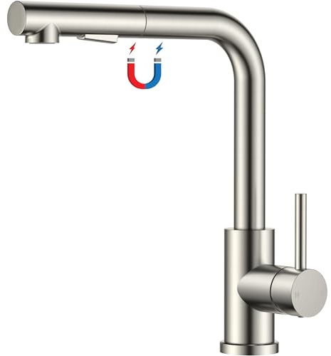 FORIOUS Robinet Cuisine, Mitigeur Cuisine avec Douchette Magnétique Extractible, 2 Modes de Pulvérisation et Rotation à 360°, Robinet Evier de Cuisine en Acier Inoxydable en Forme de L