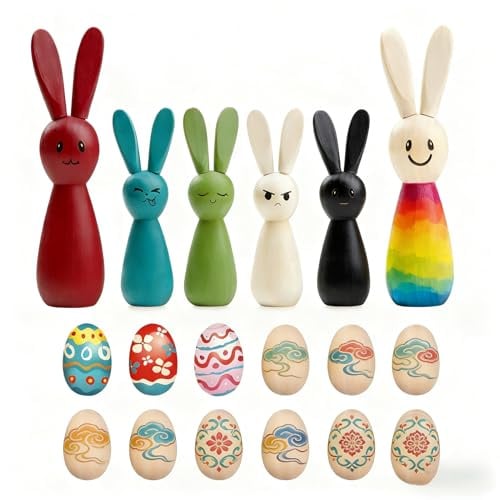 PILUZEAT 18 Stück Ostern basteln,Eier Hase Holzfiguren Ostereier zum Bemalen,Holzanhänger Ostern,Osterbasteln,Spielfiguren Holz für Osterdekoration Ostergeschenke
