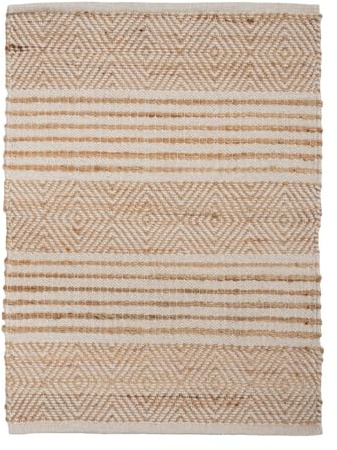 Home4You Handwebteppich – Teppich 60x90 cm – Jute & Wolle – Beige Weiß – Streifen & Ethnomuster – Naturfaser Bodenbelag