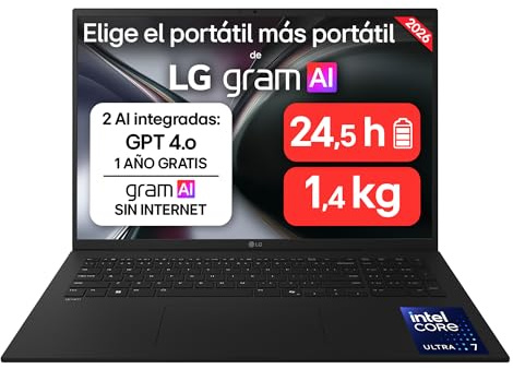LG gram 17ZD90TL-G.AX85BN - Ordenador Portátil Ultraligero de 17 Intel Core Ultra 7 258V, 32 GB RAM, 512 GB SSD, IPS Antirreflejo, 1389g, 24.5h, FreeOS, Teclado QWERTY Español, Negro Carbón