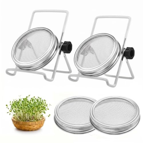 MIGIFTDY 2 Pack Sprouting Lids for Wide Mouth Mason Jars, Reusable Stainless Steel Screen Sprout Lids with Stands, Seed Germination Lid for Bean Sprouts Growing Kit Home Sprouting