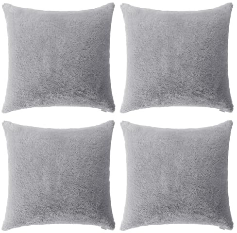 Thmyo 4-Pack Super Soft Fluffy Faux Fur Cushion Covers 45x45 cm Grey | Comfortable Plush Square Throw Pillow Cases Decorative Pillowcases for Sofa Bed Couch Living Room Home Decoration