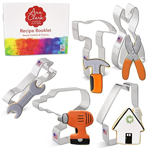 Ausstechformen von Ann Clark USA, Werkzeug Keksausstecher zum Vatertag, 5-Teiliges Set, Akkubohrer, Hammer, Schraubenschlüssel, Zange, Haus