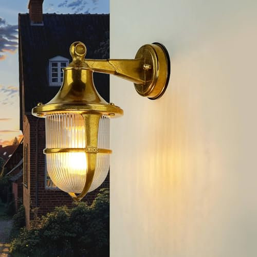 Licht-Erlebnisse Außenlampe Wand aus Echt-Messing wertig EU-Produkt IP64 E27 H:27cm rostfrei Schiffslampe Wandlampe Außenleuchte Wandleuchte Hauswand Hof Garten