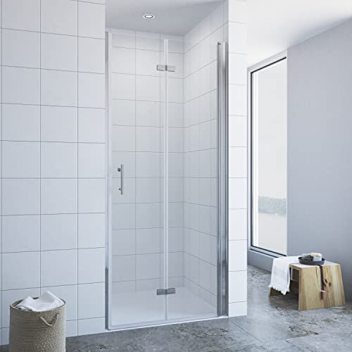Duschtür klappbar faltbar Glas 90 x 195 cm Wandprofil Chromoptik Nischentür Falttür Dusche Pendeltür Schwingtür ohne Rahmen mit Magnetdichtung Duschtürdichtung unten 6 mm Klarglas NANO-Beschichtung