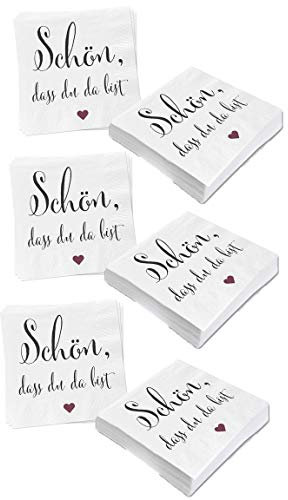 Bada Bing 6er Set Mit 120 Stück Servietten Spruch Rotes Herz Weiß Edel Papierservietten Schön, dass du da bist Für Eine Stilvolle Tischdekoration 88