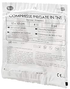 DEALFA Compresse Piegate Sterili in TNT. Morbide, altamente Assorbenti e Resistenti. Prodotto Monouso - cm 10x10 a 4 strati - Busta Singola da 5 pezzi. Confezione da 25 Buste