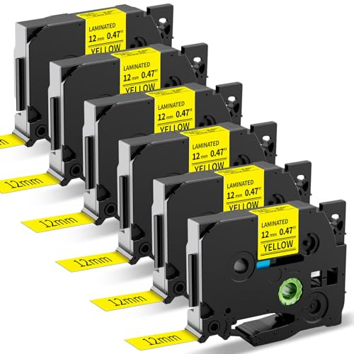 6x MarkField kompatible Schriftband als Ersatz für Brother P-touch TZ TZe-631 12mm x 8m Etikettenband, for PT-H105 H107 H100R H75 H100LB H101C 1000 1005 D200 E110 D400 Cube, Schwarz auf Gelb