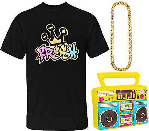 Herren 90er Jahre Kostüm – Schwarzes T-Shirt mit mehrfarbigem frischen Design + gelber aufblasbarer Boombox + goldener Kunststoffkette – Erwachsenen 90er Jahre Kostüm mit Zubehör (Einheitsgröße)