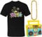 Herren 90er Jahre Kostüm – Schwarzes T-Shirt mit mehrfarbigem frischen Design + gelber aufblasbarer Boombox + goldener Kunststoffkette – Erwachsenen 90er Jahre Kostüm mit Zubehör (Einheitsgröße)