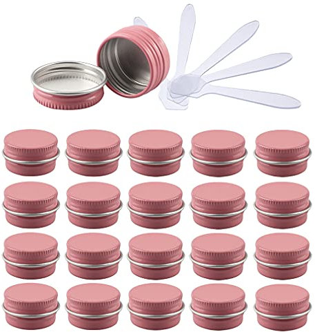 ZEOABSY 24 Pièces 5ml Pots en Aluminium Vide Rond Rose Petit Cosmétiques Pot Conteneurs for Fait Main Bougies Crème Baume Voyage, 6x Spatule