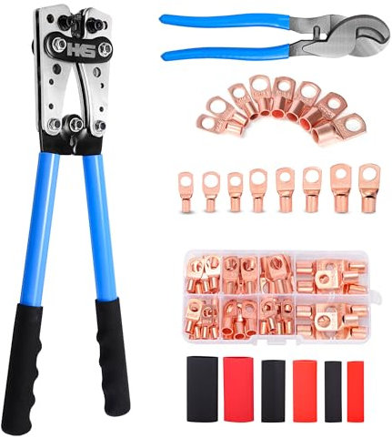 Aucent Pince à sertir pour câble de batterie avec 60 cosses et coupe-fil AWG 10-1/0 pour bornes à anneau en cuivre
